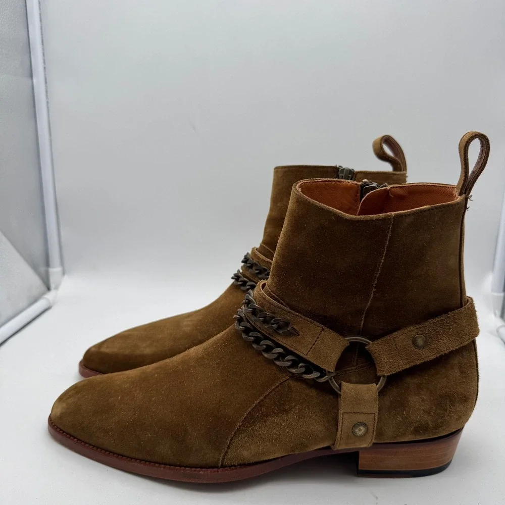 ORO Henrik Harness Boot Las Angeles Size 7 Men Brown Suede Zipper Biker w/ Chain